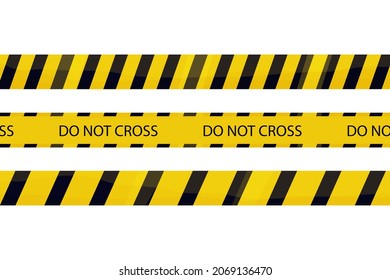 Barricade tape, warning yellow line with stripes, do not cross in cartoon style isolated on white background. Crime accident area, barrier zone. Vector illustration