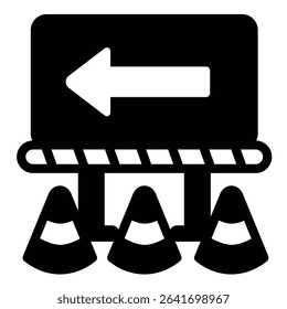 Barrier banner with route arrow and traffic cones solid icon, making road concept. Vector graphics. Construction barrier sign on white background, style mobile or design