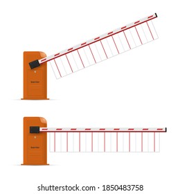 Barrier boom gate realistic templates set. Electronic car parking boundary. Traffic obstacles with rased and lowered bar. Road device blocking access. Vector illustration isolated on white background.