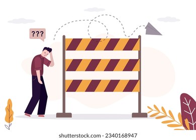 Barrier to business development. Dead end in career. Manager or businessman thinking about career ladder and overcoming obstacles. Problems, troubles on path of male employee. flat vector illustration