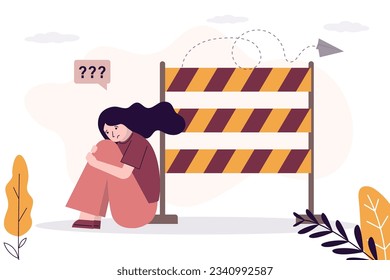 Barrier to business development. Dead end in career. Manager or businesswoman thinking about career ladder and overcoming obstacles. Problems, troubles on path of female employee. vector illustration svg