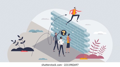 Barrier to competition and obstacles for achievement tiny person concept. Business challenge and hold back situation because of prejudice and inequality vector illustration. Employee discrimination.