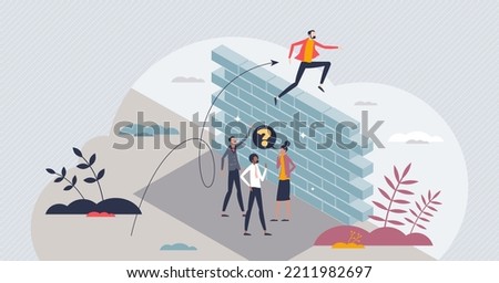 Barrier to competition and obstacles for achievement tiny person concept. Business challenge and hold back situation because of prejudice and inequality vector illustration. Employee discrimination.