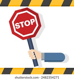 Barrier concept with stop sign, Protective road barrier with yellow lines to block the road. road stop sign and road guardrail, flat vector illustration on background.