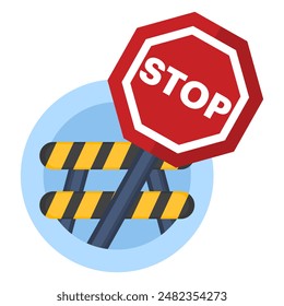 Concepto de barrera con señal de stop, barrera de carretera protectora con líneas amarillas para bloquear la carretera. señal de stop de carretera y barandilla de carretera, Ilustración vectorial plana en el fondo.