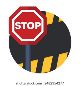 Concepto de barrera con señal de stop, barrera de carretera protectora con líneas amarillas para bloquear la carretera. señal de stop de carretera y barandilla de carretera, Ilustración vectorial plana en el fondo.