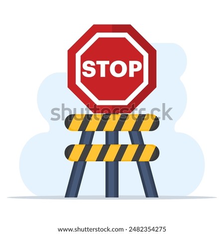 Barrier concept with stop sign, Protective road barrier with yellow lines to block the road. road stop sign and road guardrail, flat vector illustration on background.