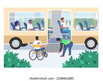 Barrier free environment vector. Man in wheelchair rides on ramp to bus illustration. Equal opportunities and common space for people with disabilities