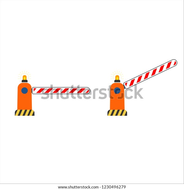 Barrier\
gate of a black and yellow striped color. Flat isolated vector\
illustration car barrier, on a white\
background.