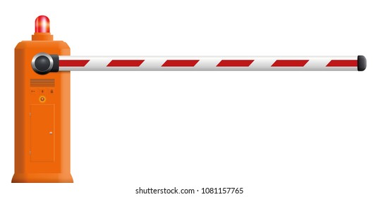 Barrier gate with closed bar and red warning light - isolated realistic technical 3d vector illustration on white background.