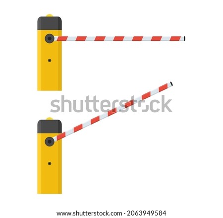 Barrier gate. Open and closed automatic barrier gate for parking of car. Barricade with flashing lamp for security. Border for entrance to park, garage, customs, construction and checkpoint. Vector.