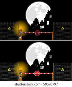 barrier gate and ruins. vector illustration