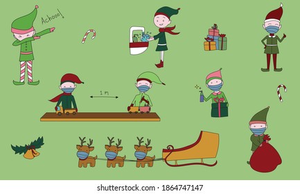 Barrier gestures with elves in Christmas season for covid 19, sneeze into your elbow, wash your hands, wear a mask, social distancing, clean, raindeers wearing mask, elves in work, Santa sleigh, gifts