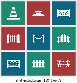 Barrier icon. collection of 9 barrier filled icons such as fence, cone. editable barrier icons for web and mobile.