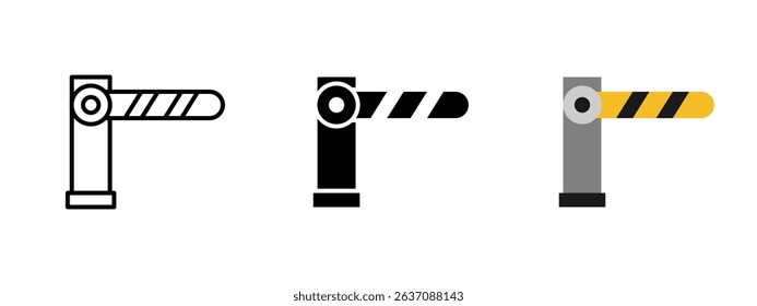 Barrier icon. Horizontal striped boom gate attached to vertical post vector illustration. Used at checkpoints, entrances or parking areas for access control symbol. Traffic stop and road safety sign.