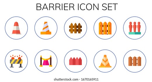 conjunto de iconos de barrera. 10 iconos de barrera plana. Cono incluido, cono de tráfico, cerca, iconos de vallas