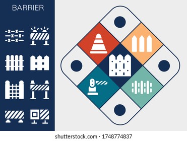 barrier icon set. 13 filled barrier icons.  Simple modern icons such as: Fence, Barrier, Roadblock, Barbed wire, Cone