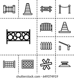 Barrier icon. set of 13 outline barriericons such as fence, barrier, cone
