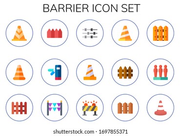 conjunto de iconos de barrera. 15 iconos de barrera plana.  Iconos modernos sencillos, como: cercas, torniquetes, alambre de púas, cono de tráfico, valla, puerta