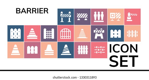 barrier icon set. 19 filled barrier icons.  Collection Of - Barrier, Fence, Cone, Barbed wire, Gate, Roadblock