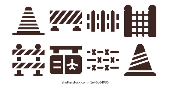 barrier icon set. 8 filled barrier icons.  Simple modern icons such as: Barrier, Cone, Gate, Barbed wire, Fence