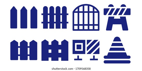 conjunto de iconos de barrera. 8 iconos de barrera rellenos.  Iconos modernos sencillos, como: Alambre, Bloque de caminos, Puerta, Cono, Barrera