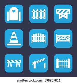 barrier icon. Set of 9 filled barrier icons such as fence, cone