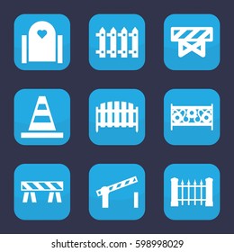 barrier icon. Set of 9 filled barrier icons such as fence, cone
