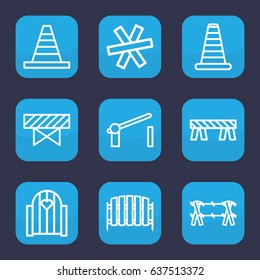 Barrier icon. set of 9 outline barrier icons such as cone, fence, wire fence
