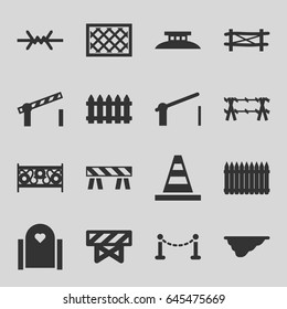Barrier icons set. set of 16 barrier filled icons such as fence, cone, wire fence