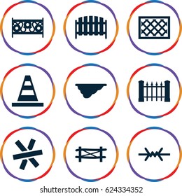 Barrier icons set. set of 9 barrier filled icons such as fence, cone