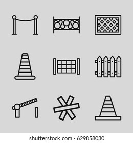 Barrier icons set. set of 9 barrier outline icons such as fence, cone
