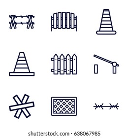 Barrier icons set. set of 9 barrier outline icons such as cone, fence