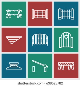 Barrier icons set. set of 9 barrier outline icons such as fence, barrier, wire fence
