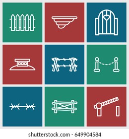 Barrier icons set. set of 9 barrier outline icons such as fence, road barrier, wire fence