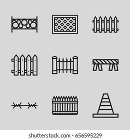 Barrier icons set. set of 9 barrier outline icons such as fence, cone, barrier