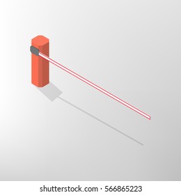 The barrier isolated on white background. Crossbar for opening and closing the way at level crossings. Flat 3D isometric style, vector illustration.