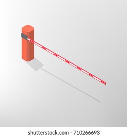 The barrier isolated on white background. Crossbar for opening and closing the way at level crossings. Flat 3D isometric style, vector illustration.
