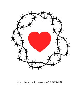 Barrier made of barbed wire as protection of heart - being protected against love and romantic emotions causing emotional hurt and harm. Refusal of rejection of intimate relationship