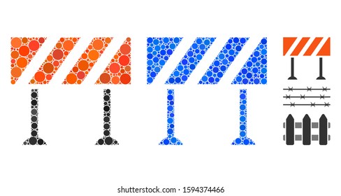 Barrier mosaic of spheric dots in variable sizes and color tinges, based on barrier icon. Vector dots are grouped into blue mosaic. Dotted barrier icon in usual and blue versions.
