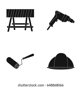 A barrier on the construction site, an electric drill, a roller for painting and a helmet. Build and repair set collection icons in black style vector symbol stock illustration web.