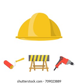 A barrier on the construction site, an electric drill, a roller for painting and a helmet. Build and repair set collection icons in cartoon style vector symbol stock illustration web.