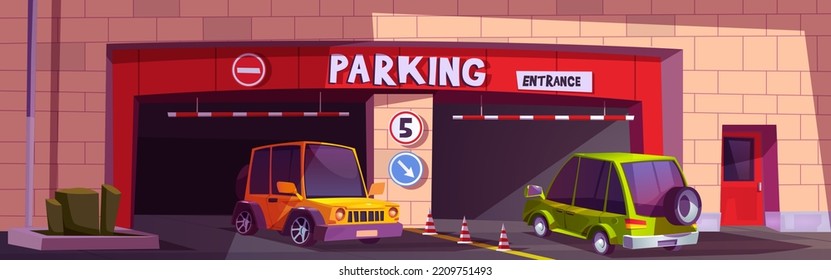 Barrier parking entrance with cars driving inside and out of gate with striped cones and bars at building basement. City infrastructure, auto at mall underground garage, Cartoon vector illustration