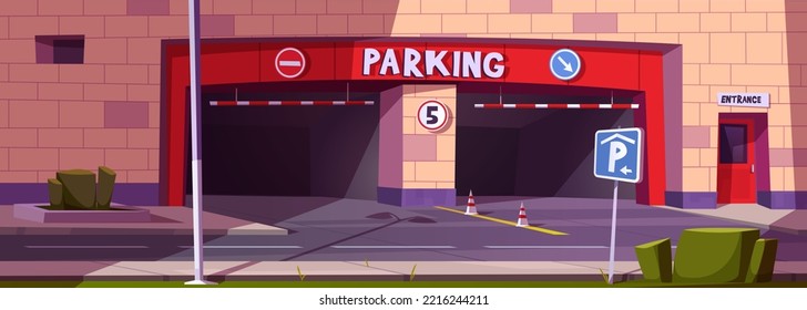 Barrier parking entrance, mall underground garage facade outside view with gates, striped cones, asphalted road, signs and bars at building basement. City infrastructure Cartoon vector illustration