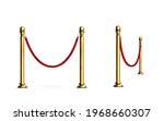 Barrier with rope and gold poles, fence for red carpet or vip event, museum or gallery stanchion, night club entrance security fencing isolated on white background, Realistic 3d vector illustration
