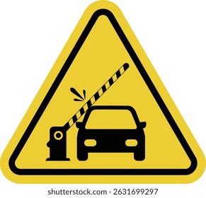 Barrier sign. Automatic barrier operates without human intervention can lower or rise unexpectedly. Do not stop under boom. Warning yellow triangle road sign.