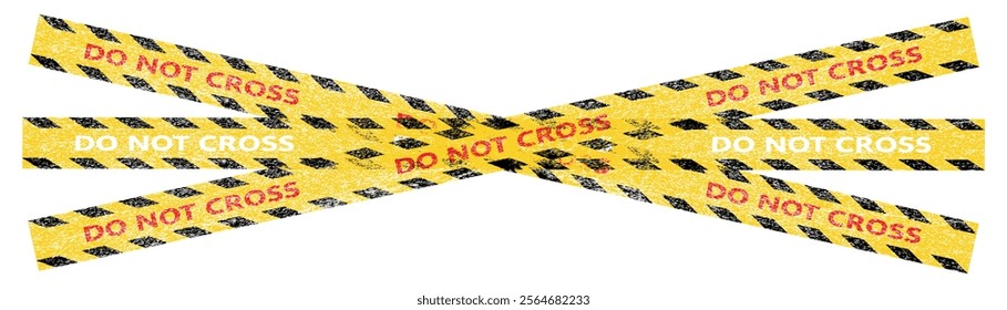 Barrier tape crime scene border. Police lines do not cross. Caution tape ribbons reading Do Not Cross.