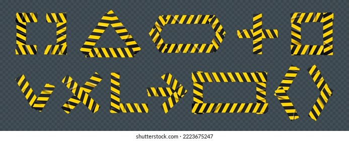 Barrier tape patches signs set. Tick mark, arrow, cross, square and triangle, rectangle, plus shapes. Isolated adhesive safety scotch with black and yellow stripes, Realistic 3d vector illustration