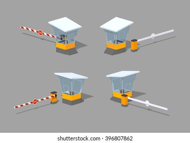 Barrier and toll booth. 3D lowpoly isometric vector illustration. The set of objects isolated against the grey background and shown from different sides