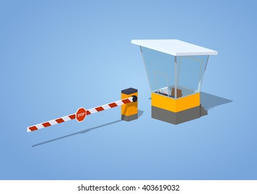 Barrier and toll booth against the blue background. 3D lowpoly isometric vector illustration